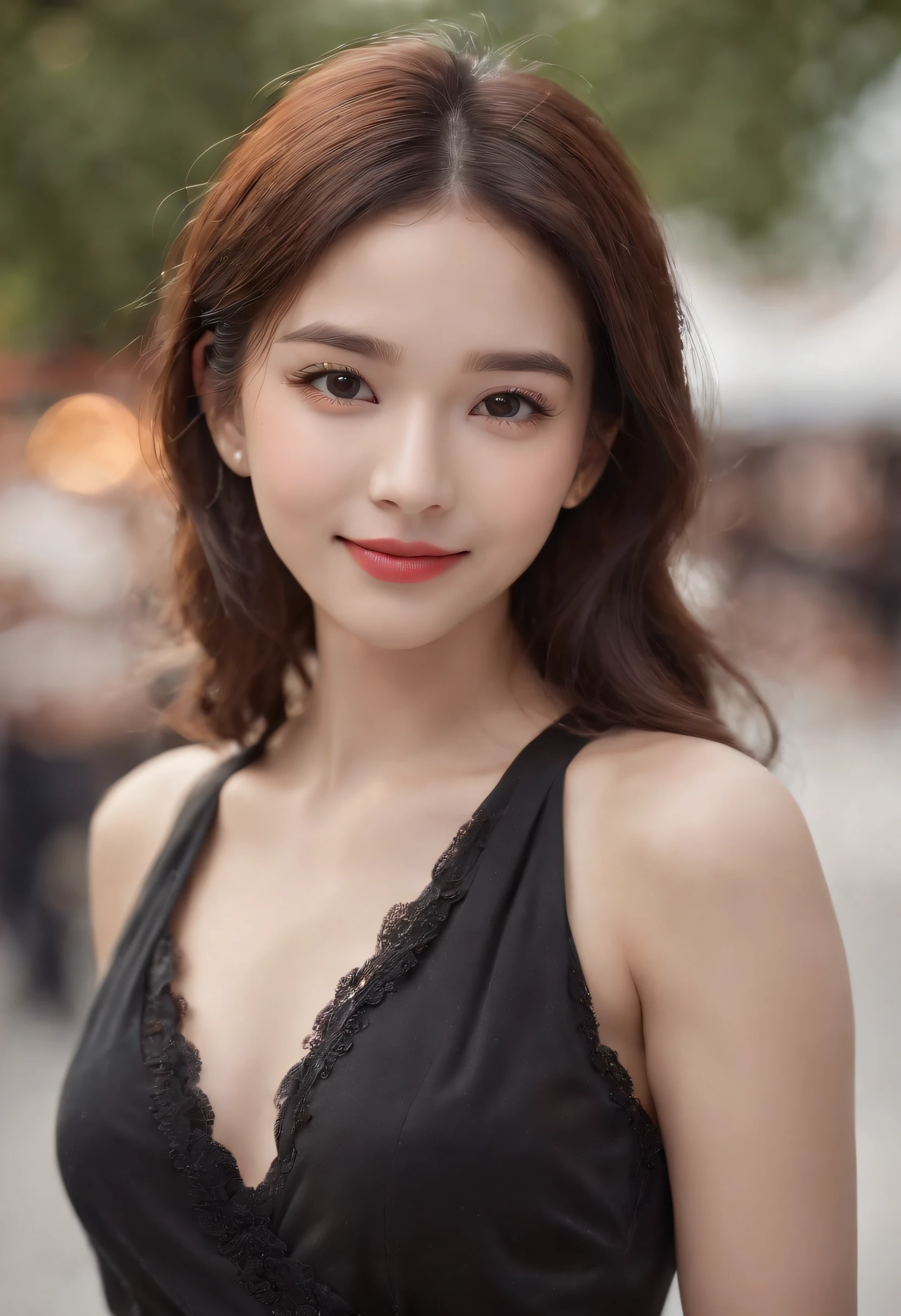 ((Best Quality, 8K, masutepiece :1.3)), 1girl in, Smiling, Full body, Slim Face, Pretty Woman, (dark brown hair), full length dress :1.1, Ultra-detailed face, Detailed eyes, 二重まぶた,  blur backgroun, Slim Face, city, Outside, Street,