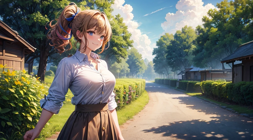 1girl, solo, summer, village, trees, sun, clouds, ((colorful hair)), curly hair, ponytail, large breasts, button down, dark blue eyes, ((light brown shirt)), ((unbuttoned shirt)), ((short sleeved shirt)), skirt, brown shoes, grin, looking at the viewer, standing, hair ribbon