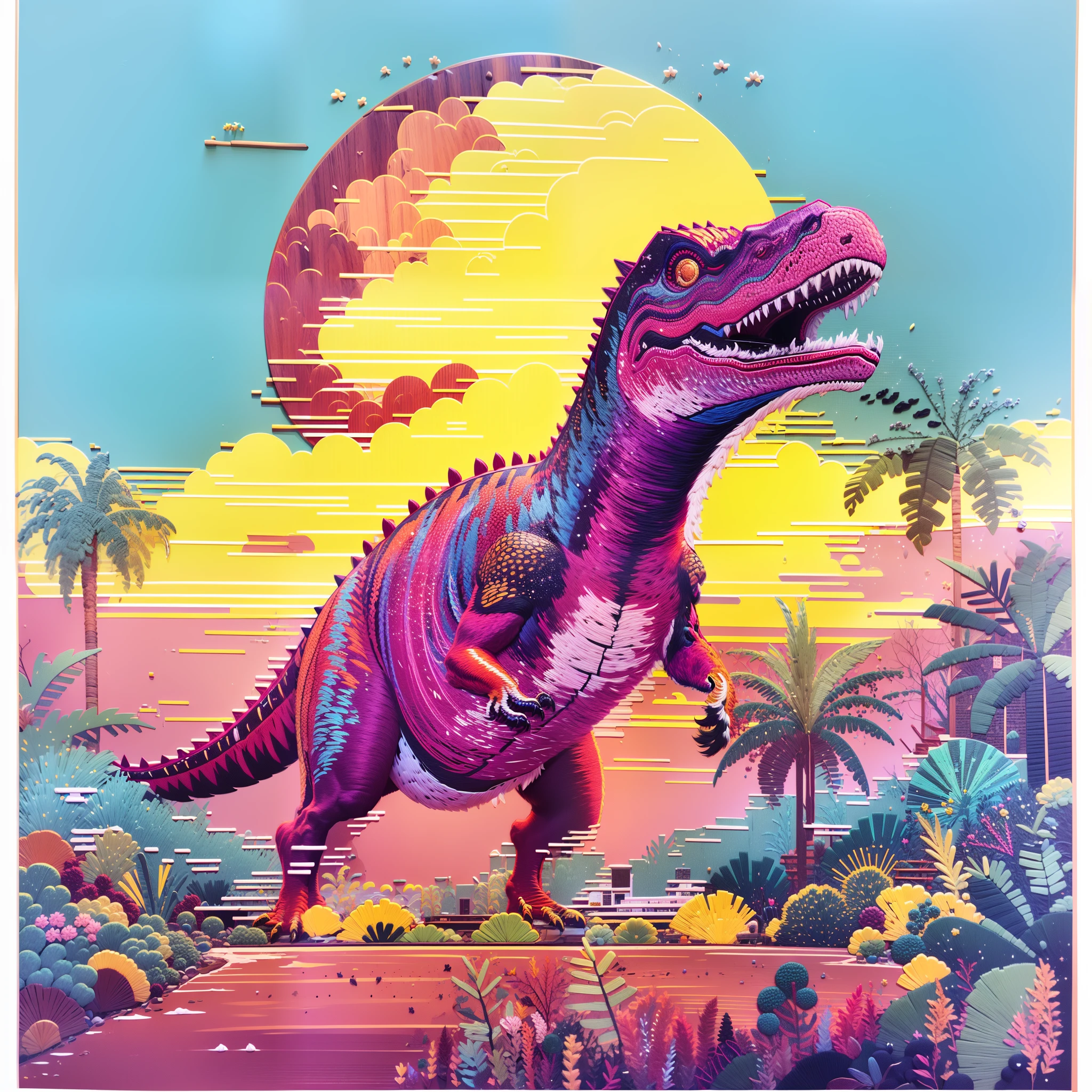ultra realistic full embroidery tyrannosaurus rex embroidery art um close de um dinossauro em um campo com palmeiras, dinossauro pixel art, Dinossauro Trex, Jurassic image, arte detalhada do pixel, Jen Bartel, Tiranossauro rex, retro art, Trex, Dino cromado, Altamente detalhado Hyper Real Retro, pintura digital altamente detalhada, estilo de arte outrun, Epic retrowave art, cores altamente detalhadas, t - rex