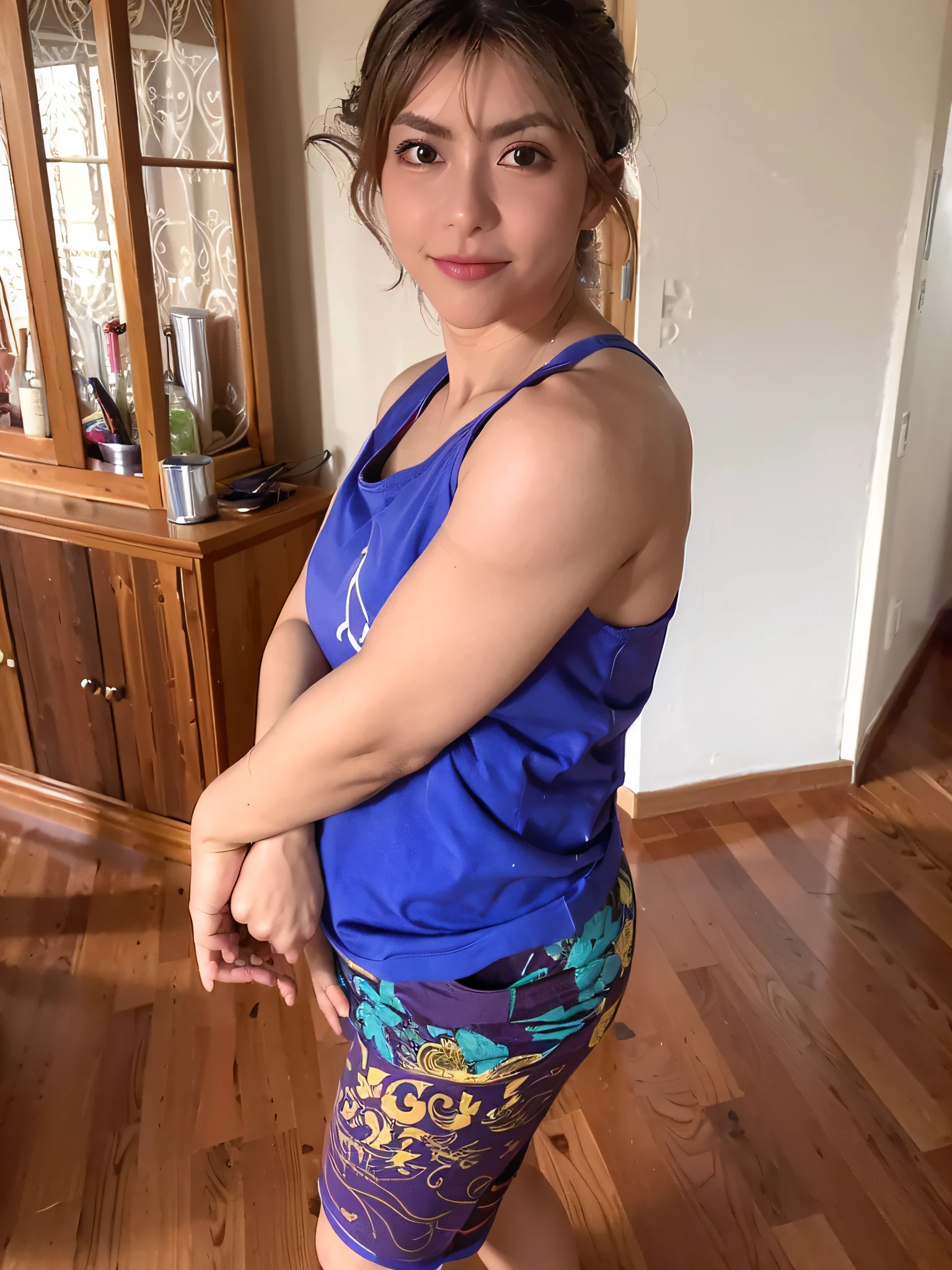 There is a woman standing in a room with a wooden floor, usando equipamento de fitness, pose lateral, arms to side, tiro do meio cintura para cima, hand on hips, standing athletic pose, armfold pose!, photo from behind, Photo adjustment, do lado, Pose virada para a frente, Retrato Lateral, tiro de corpo inteiro, hand on hip, tiro de comprimento de corpo inteiro