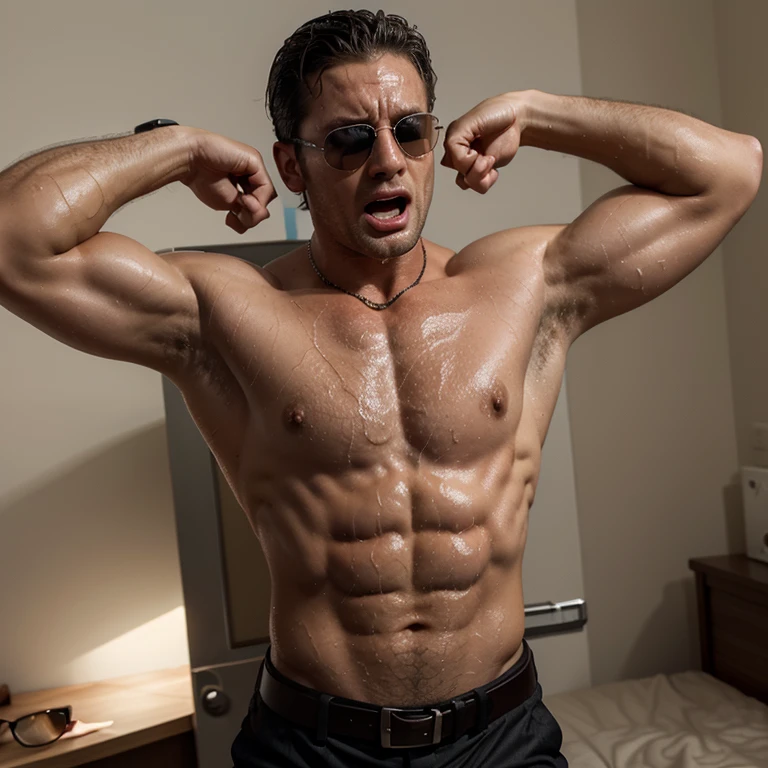 Male muscle,sleep,slepping,drunk,scared face,scary,shocked face,moaning face,shirtless,sweat,wet,veined,sexy,formal trouses,belt,watch,necklace,sun glasses,office,very deep innie!!!