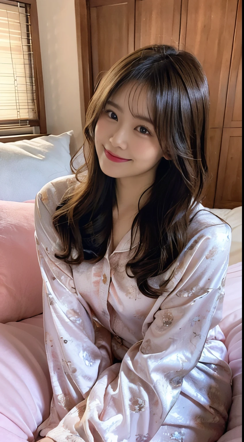 Photo of a beautiful woman in a femininely decorated room, wearing pajamas, lying down with a smile, She's mostly covered by a futon, and her tousled bed hair suggests she's just woken up.