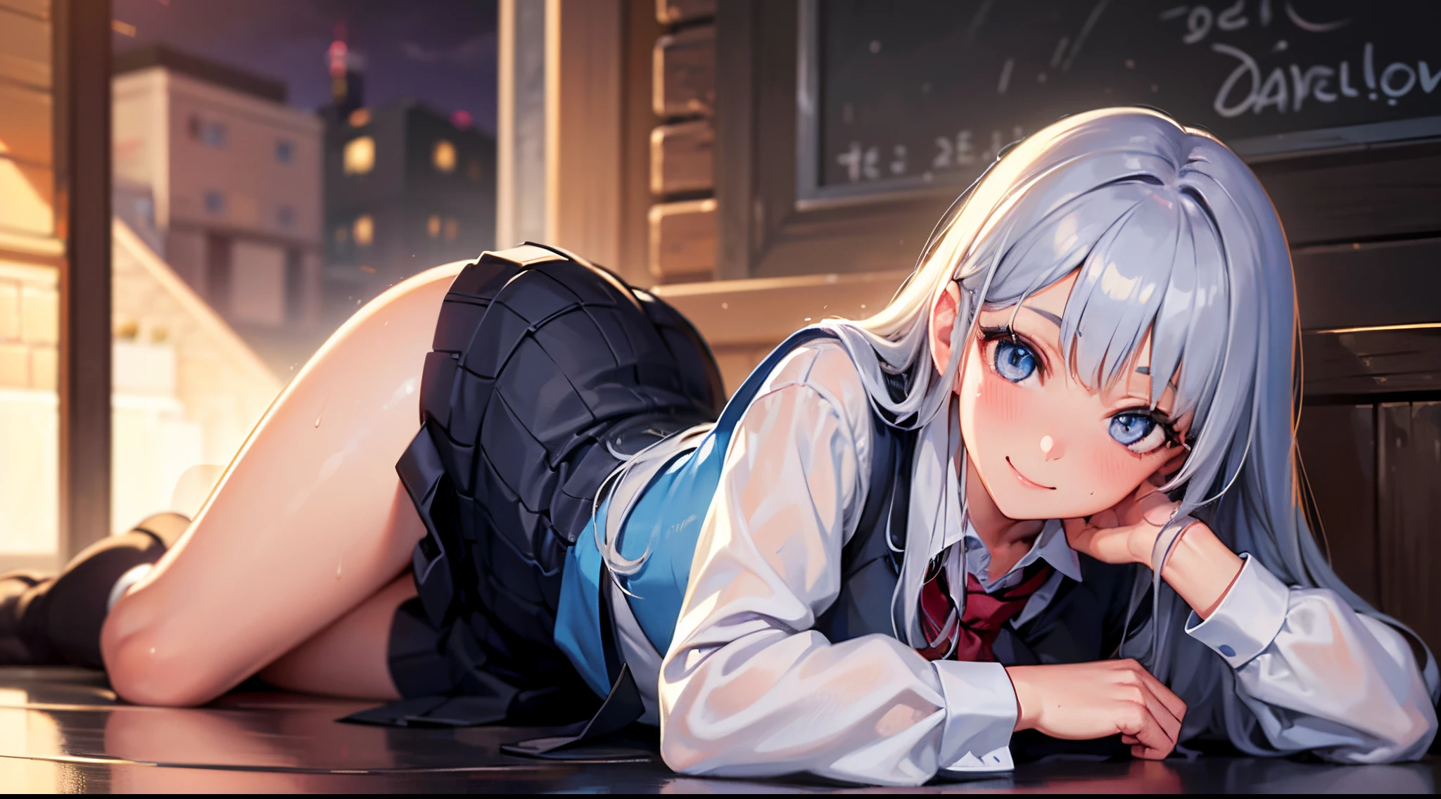 (8K), (Best Quality: 1.2), (Realistic), (Photorealistic: 1.37), Ultra High Definition, 1 Girl, Cute, Smile, Closed Mouth, Beautiful Details, Beautiful Nose, Full Body, Wet Hair, Colossal Dalsefo, Pork, School Uniform, Thighs