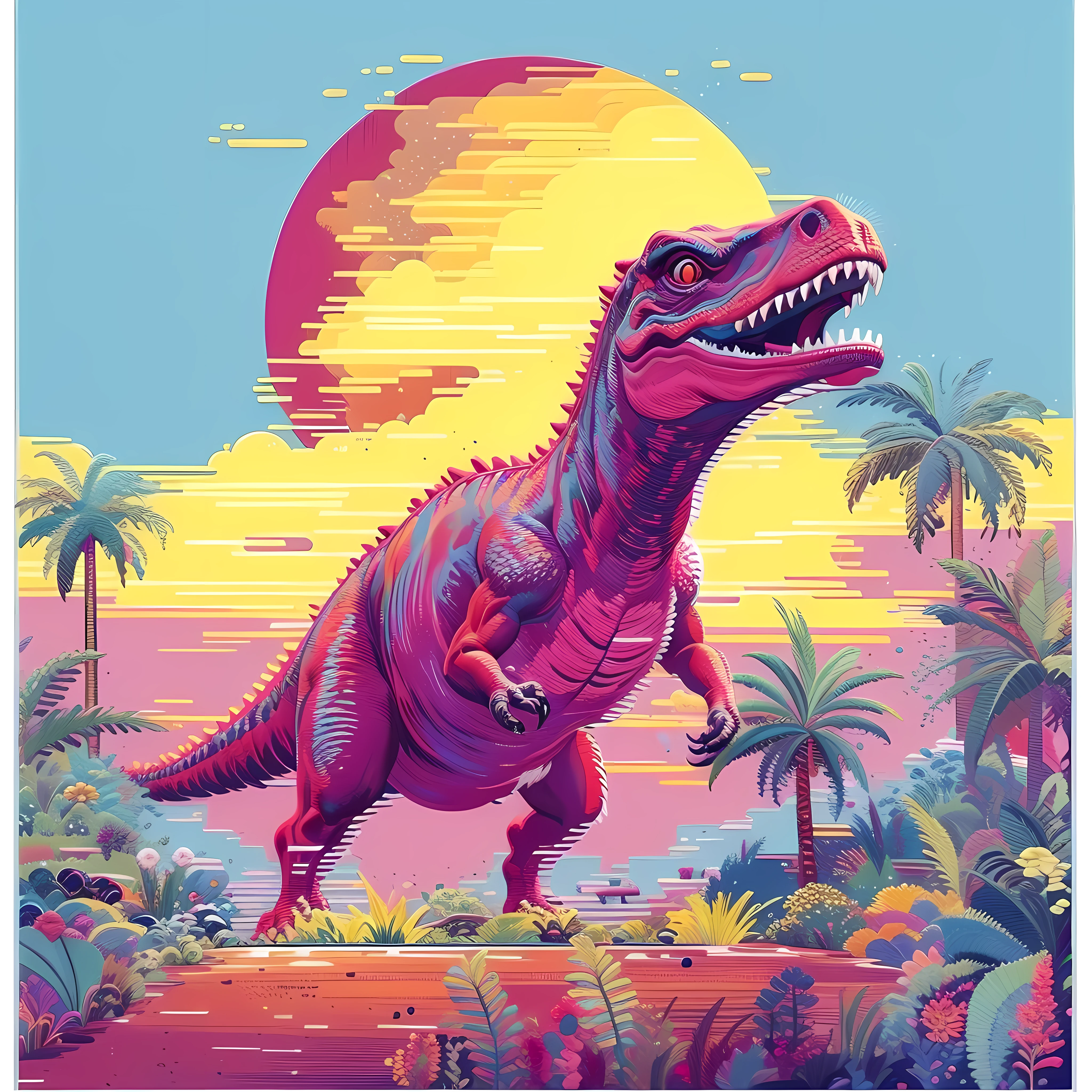 ultra realistic full embroidery tyrannosaurus rex embroidery art um close de um dinossauro em um campo com palmeiras, dinossauro pixel art, Dinossauro Trex, Jurassic image, arte detalhada do pixel, Jen Bartel, Tiranossauro rex, retro art, Trex, Dino cromado, Altamente detalhado Hyper Real Retro, pintura digital altamente detalhada, estilo de arte outrun, Epic retrowave art, cores altamente detalhadas, t - rex