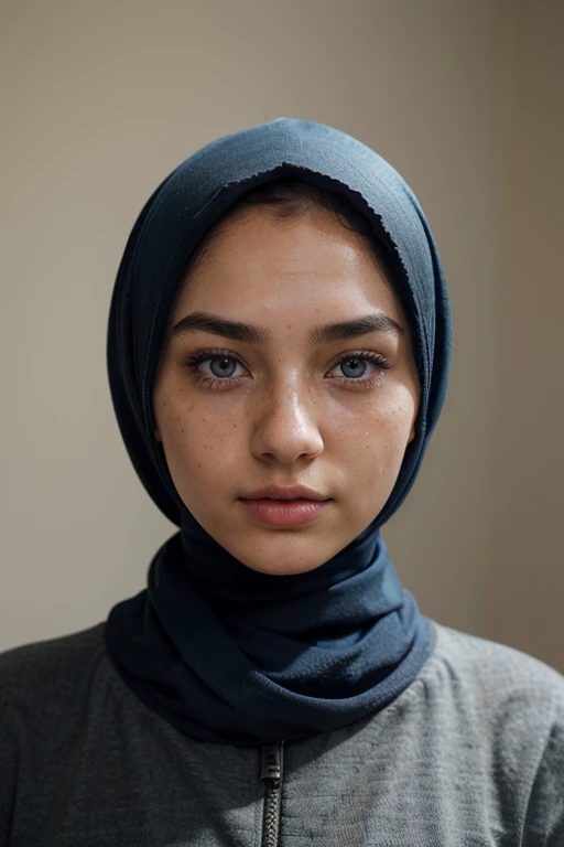 hijab girl not showing any hair with a blue eyes and black eyebrows and a beautiful face with real red cheeks without makeup and freckles on her face