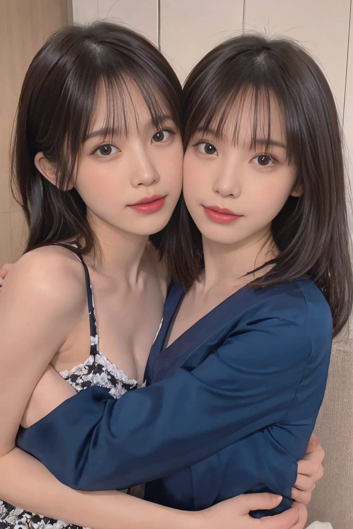 Film portrait photography, 2 girls, 2 girls,twin,bare shoulders, Shoulder length wavy hair, Snow-white cheongsam,(Realistic and detailed eyes, natural skin texture, Realistic facial details),, depth of field, Bokeh, Vibrant details, Detailed and detailed, Surrealism, 35mm film, hazy, ,Selfie,
