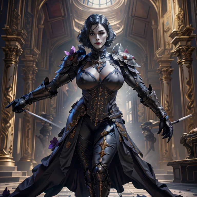 (masterpiece, best quality), 1girl, LadyDimitrescu, older, mature, long face, light skin, black hair, pale skin, solo, makeup, lipstick, red lips, jewelry, gothic, flower, black lips,m, short hair, curvy, black flower, gold armor, full body armor, breast plate, chest plate, gauntlets, pauldrons, leg armor, knee armor, feet armor, black pants, turtleneck, chainmail