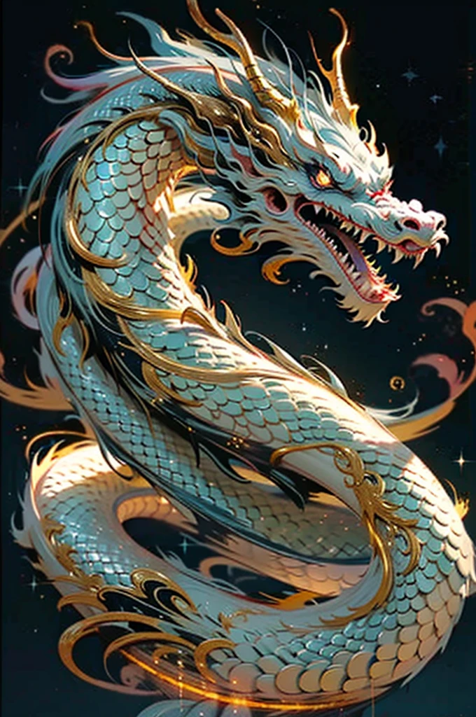 Best quality,tmasterpiece,超高分辨率,without humans, (long:1.2),black oriental dragon, with her mouth open,teeth, balancing, fang, horn, glowing, buck teeth, glowing light eyes,universe background,Planet Earth,Starcloud,锁链,casket,Oriental dragon wrapped in coffin