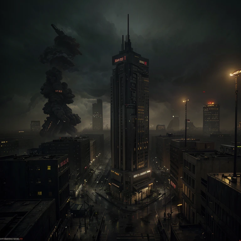 It can't rain all the time. A Photorealistic Hyper-Detailed Rendering Sinister and dark colored Post-Apocalyptic City Ruined by Zombies, Dark Fantasy, Eerie yellow Ambience, Unreal Engine 5, horror, high resolution, detailed digital art, painting by Vladimir Manyuhin, Greg Rutkowski, and Anne Stokes, unreal Engine, 8k