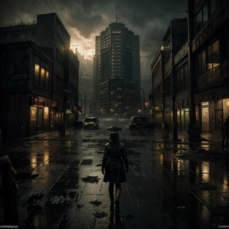 It can't rain all the time. A Photorealistic Hyper-Detailed Rendering Sinister and dark colored Post-Apocalyptic City Ruined by Zombies, Dark Fantasy, Eerie yellow Ambience, Unreal Engine 5, horror, high resolution, detailed digital art, painting by Vladimir Manyuhin, Greg Rutkowski, and Anne Stokes, unreal Engine, 8k