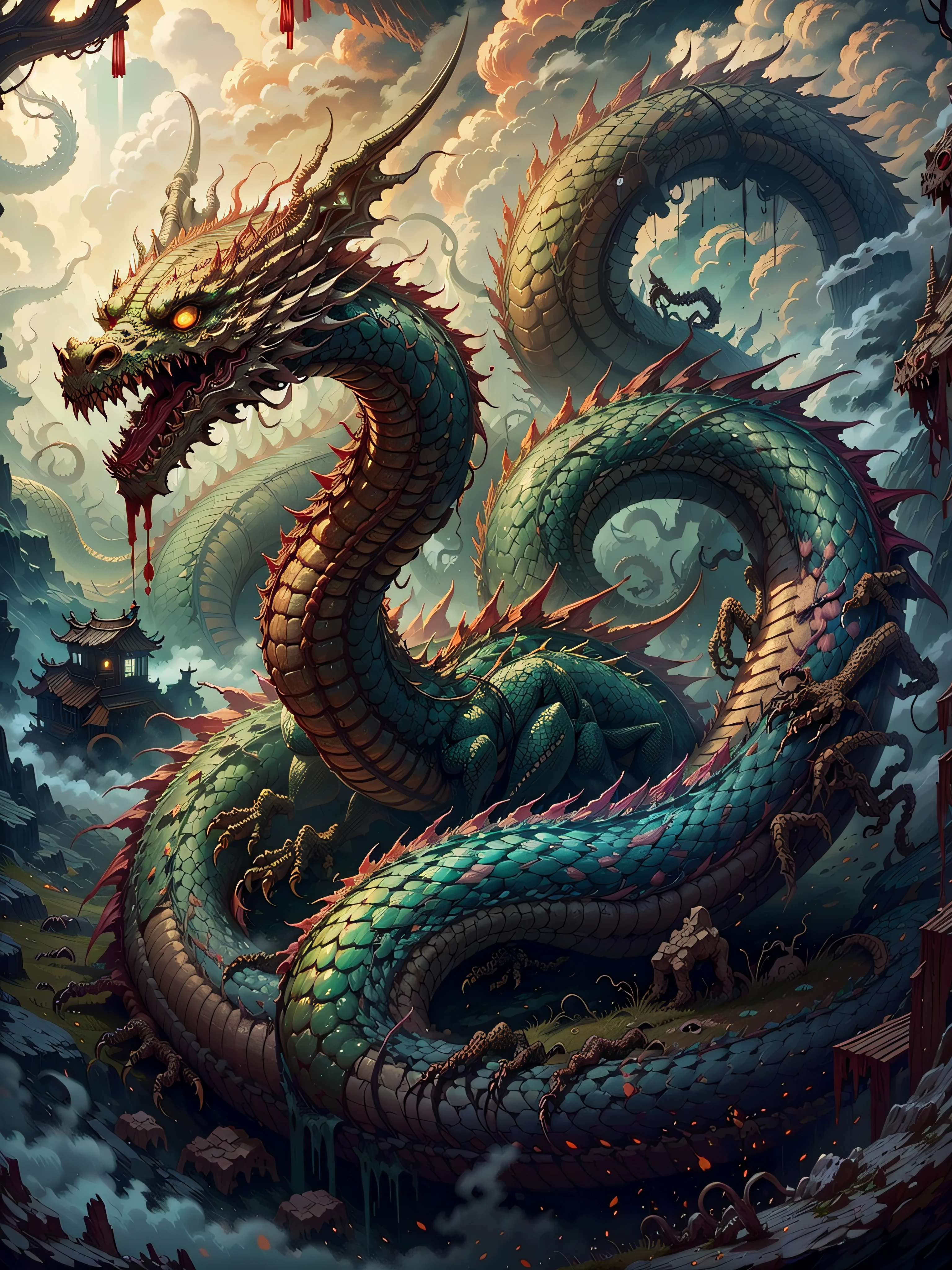 (masterpiece), super detail, best quality, ultra high res, highres, 8k, (photorealistic), undead dragon, chinesedragon, undead, fangs, scales, undead forest, undead cliff