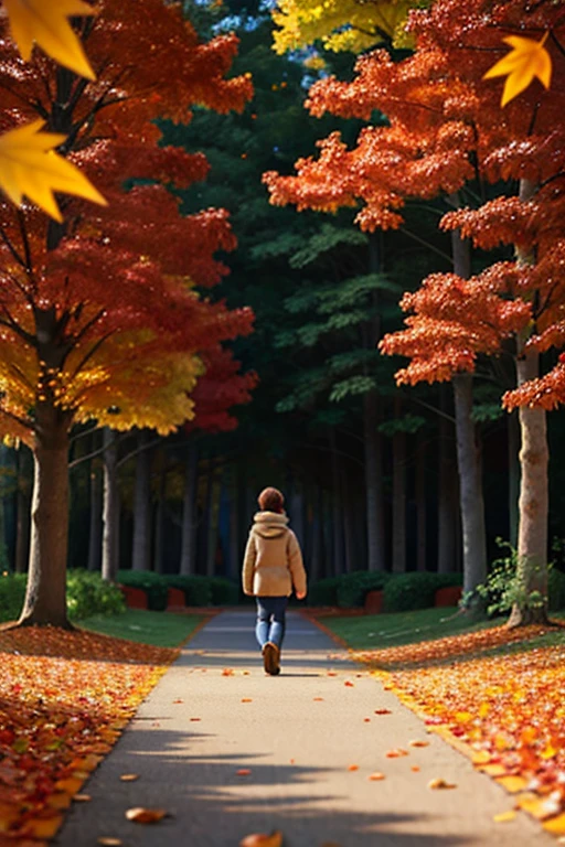A person walks alone and looks back,Behind are fallen leaves flying in the wind