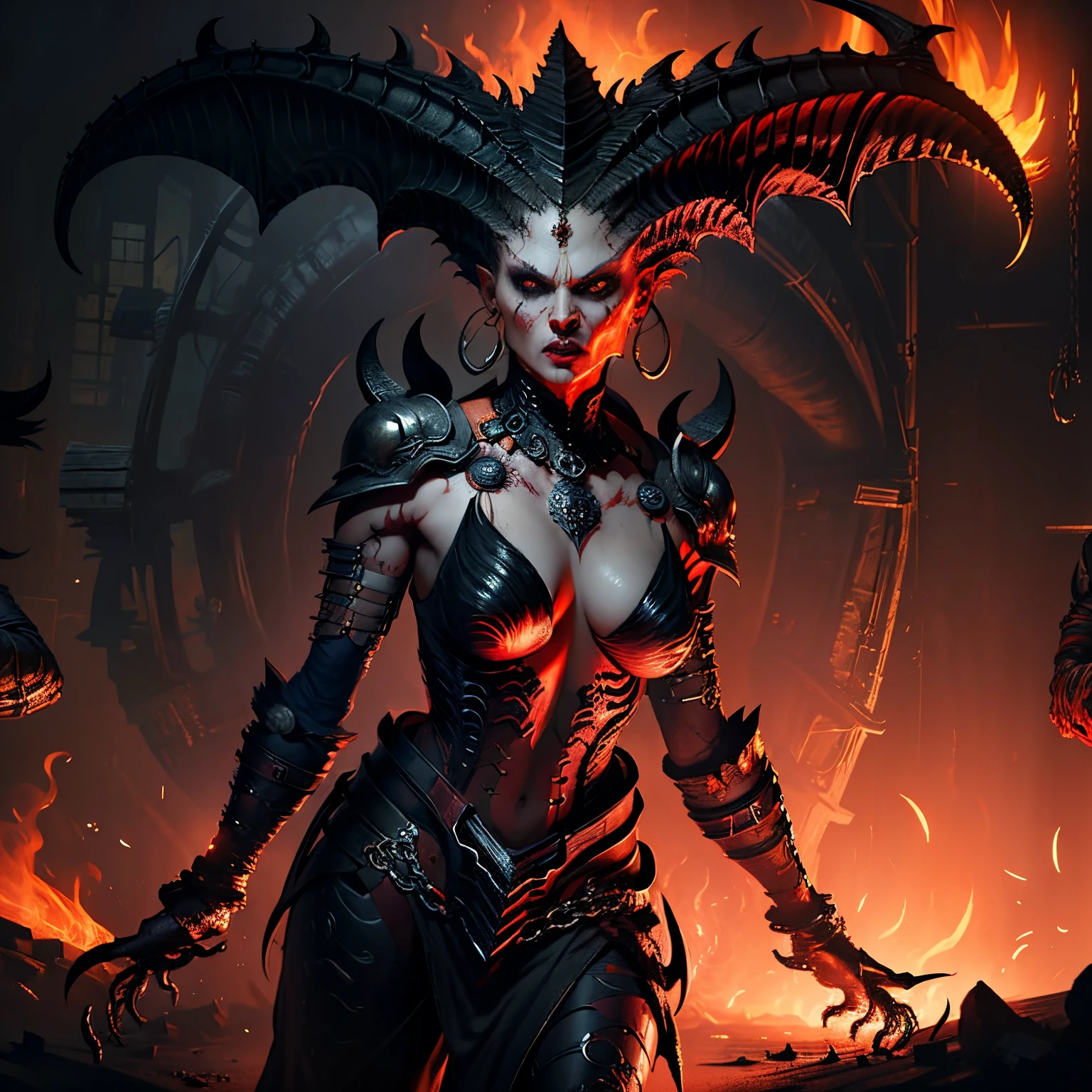 Lilith  in the madhouse, firey, salama, bloods, the face & , A futuristic, Best quality at best, Dynamic full body details, Background with, angry look, Infected, enough, volcanoes, Lava sea, D14bl0 style