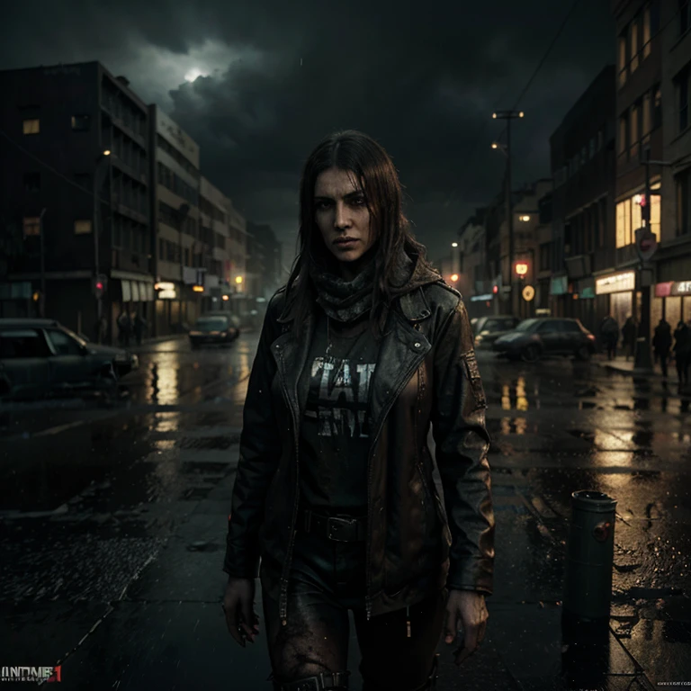 It can't rain all the time. A Photorealistic Hyper-Detailed Rendering Sinister and dark colored Post-Apocalyptic City Ruined by Zombies, Dark Fantasy, Eerie yellow Ambience, Unreal Engine 5, horror, high resolution, detailed digital art, painting by Vladimir Manyuhin, Greg Rutkowski, and Anne Stokes, unreal Engine, 8k