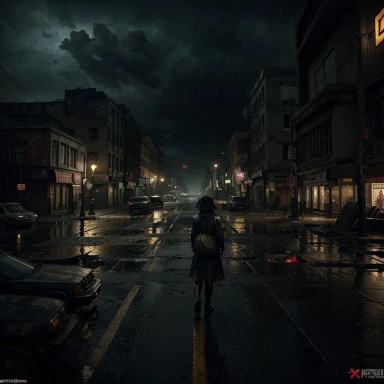 It can't rain all the time. A Photorealistic Hyper-Detailed Rendering Sinister and dark colored Post-Apocalyptic City Ruined by Zombies, Dark Fantasy, Eerie yellow Ambience, Unreal Engine 5, horror, high resolution, detailed digital art, painting by Vladimir Manyuhin, Greg Rutkowski, and Anne Stokes, unreal Engine, 8k