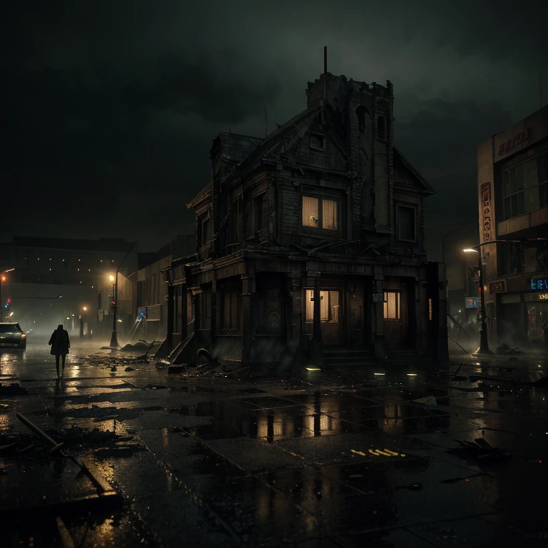 It can't rain all the time. A Photorealistic Hyper-Detailed Rendering Sinister and dark colored Post-Apocalyptic City Ruined by Zombies, Dark Fantasy, Eerie yellow Ambience, Unreal Engine 5, horror, high resolution, detailed digital art, painting by Vladimir Manyuhin, Greg Rutkowski, and Anne Stokes, unreal Engine, 8k