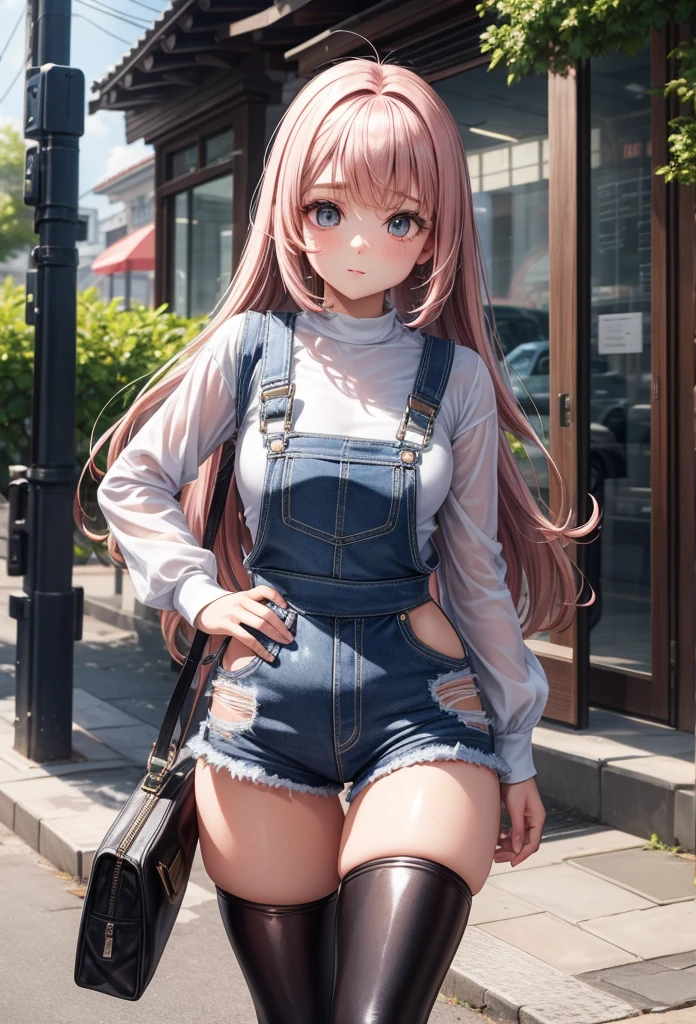 uma menina da beleza、Enorme teto、cabelos pretos longos、Abdominals、jaquetas de couro、leather overalls、botas de joelho、 Standing、corpo inteiro visto、