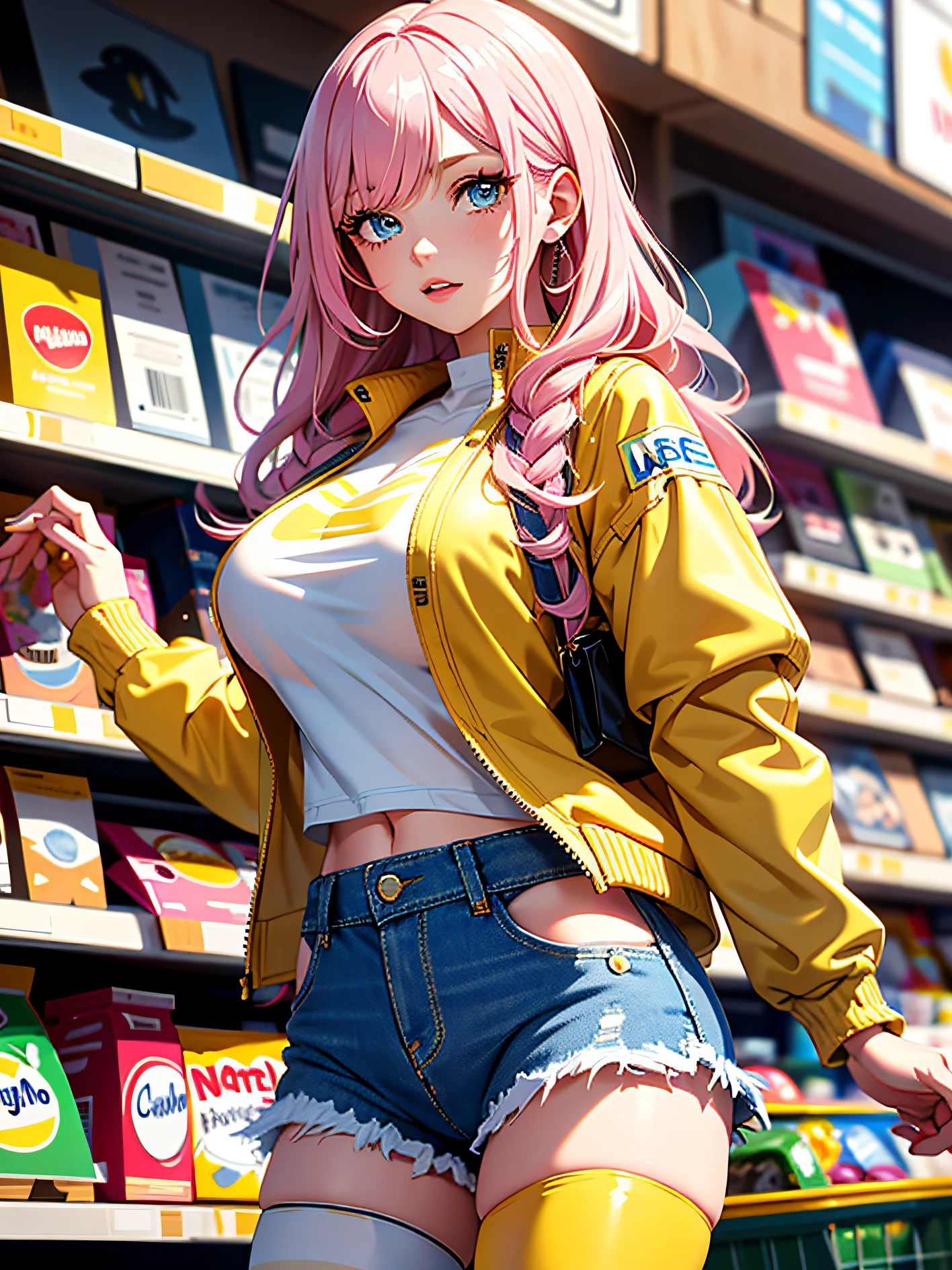 best quality, 1girl, masterpiece, best quality, 8k, detailed skin texture, ((beautiful detailed face)), intricate details, long pink hair, parted bangs, (cowboy shot), detailed blue eyes, 18 years old, neat girl, ((white top, yellow jacket, denim short shorts, striped hightights), huge breasts, shopping in the supermarket
