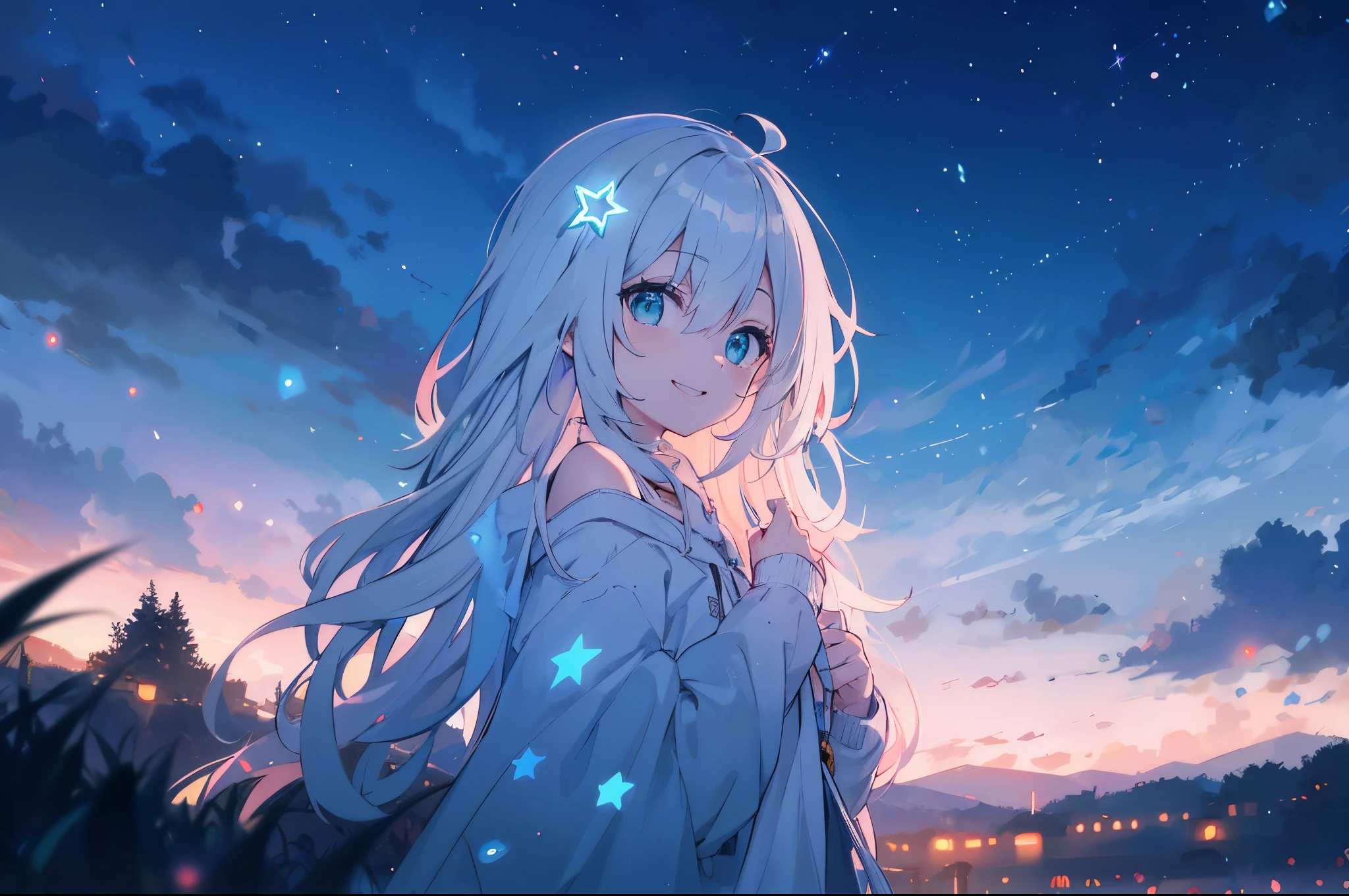 Anime girl with long white hair and blue eyes standing in front of a ...