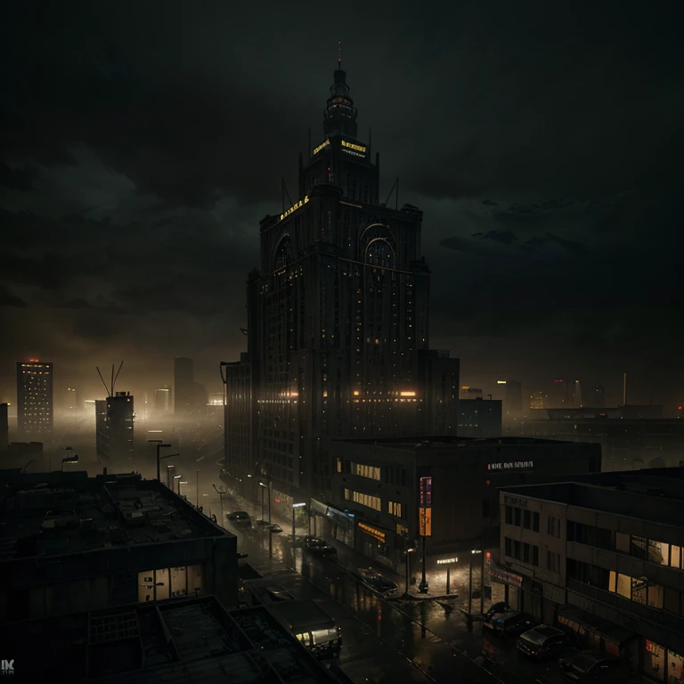 It can't rain all the time. A Photorealistic Hyper-Detailed Rendering Sinister and dark colored Post-Apocalyptic City Ruined by Zombies, Dark Fantasy, Eerie yellow Ambience, Unreal Engine 5, horror, high resolution, detailed digital art, painting by Vladimir Manyuhin, Greg Rutkowski, and Anne Stokes, unreal Engine, 8k