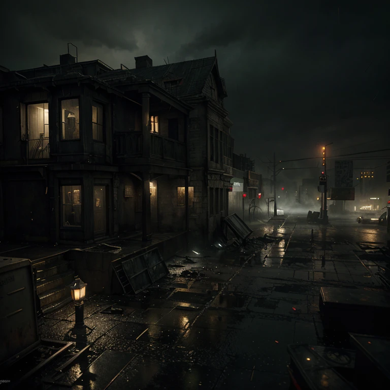 It can't rain all the time. A Photorealistic Hyper-Detailed Rendering Sinister and dark colored Post-Apocalyptic City Ruined by Zombies, Dark Fantasy, Eerie yellow Ambience, Unreal Engine 5, horror, high resolution, detailed digital art, painting by Vladimir Manyuhin, Greg Rutkowski, and Anne Stokes, unreal Engine, 8k