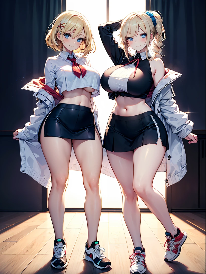 Realistic image, detailed image, 2 girls. She has blonde hair that is tied back on the left side of her head with a blue scrunchie and blue eyes. She is wearing an off-shoulder crop top and high mini skirt. Sneakers. She has big boobs, narrow waist, wide hips and thick thighs. smiling. Full body view. Back arched. posing sensually. White background, uniform background. Volumetric light. Ambient light.