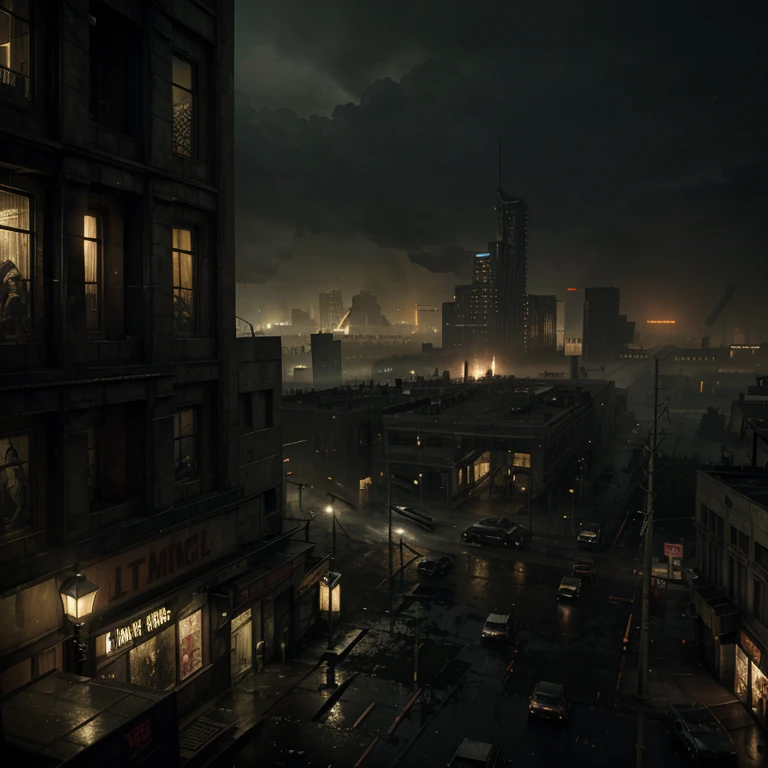 It can't rain all the time. A Photorealistic Hyper-Detailed Rendering Sinister and dark colored Post-Apocalyptic City Ruined by Zombies, Dark Fantasy, Eerie yellow Ambience, Unreal Engine 5, horror, high resolution, detailed digital art, painting by Vladimir Manyuhin, Greg Rutkowski, and Anne Stokes, unreal Engine, 8k