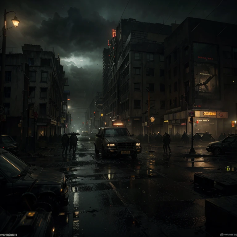 It can't rain all the time. A Photorealistic Hyper-Detailed Rendering Sinister and dark colored Post-Apocalyptic City Ruined by Zombies, Dark Fantasy, Eerie yellow Ambience, Unreal Engine 5, horror, high resolution, detailed digital art, painting by Vladimir Manyuhin, Greg Rutkowski, and Anne Stokes, unreal Engine, 8k