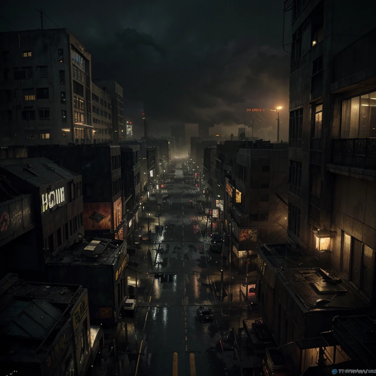 It can't rain all the time. A Photorealistic Hyper-Detailed Rendering Sinister and dark colored Post-Apocalyptic City Ruined by Zombies, Dark Fantasy, Eerie yellow Ambience, Unreal Engine 5, horror, high resolution, detailed digital art, painting by Vladimir Manyuhin, Greg Rutkowski, and Anne Stokes, unreal Engine, 8k