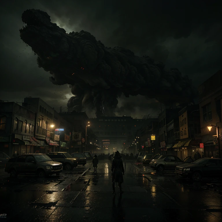It can't rain all the time. A Photorealistic Hyper-Detailed Rendering Sinister and dark colored Post-Apocalyptic City Ruined by Zombies, Dark Fantasy, Eerie yellow Ambience, Unreal Engine 5, horror, high resolution, detailed digital art, painting by Vladimir Manyuhin, Greg Rutkowski, and Anne Stokes, unreal Engine, 8k