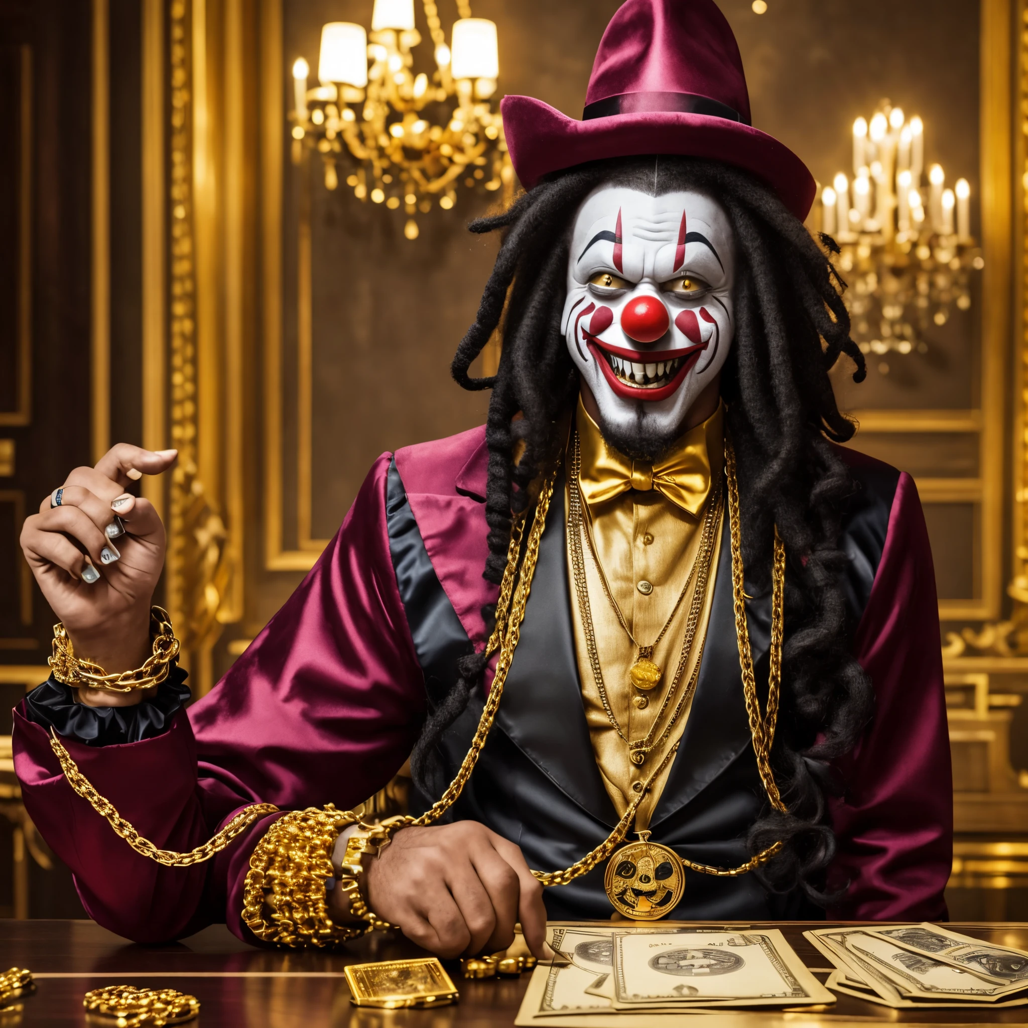 A clown smiling with an evil face, with several gold chains and a lot of money on the table, Behind him, a screen of investment charts, the black clown outfit and his long hair