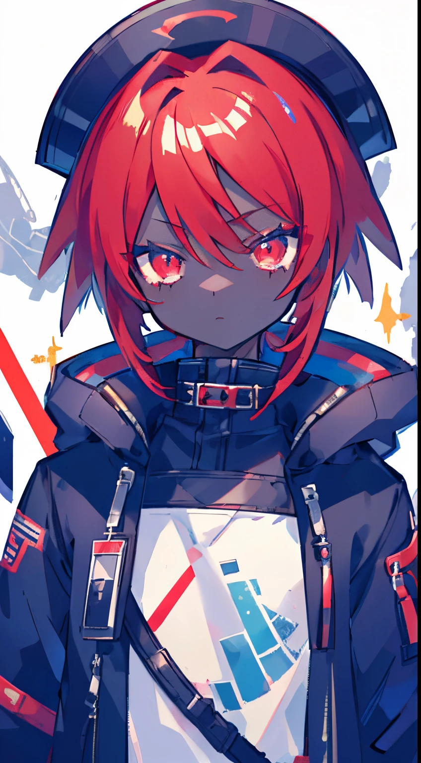 1 boy, upper body, cute, (red hair, black skin, big red eyes, blue jacket), (white background, detailed eyes, best quality, high detail,2D)