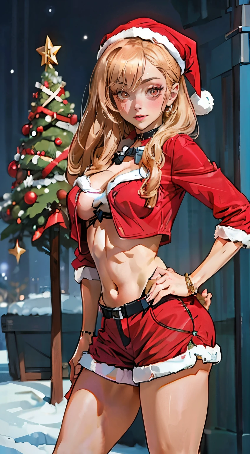 a close up of a person standing in front of a christmas tree, holiday vibe, , santa outfit, 🌲🌌, , 🤬 🤮 💕 🎀, absolutely, physical : tinyest midriff ever, absolutely outstanding image, cold as ! 🧊,marin kitagawa as santa,21 years old