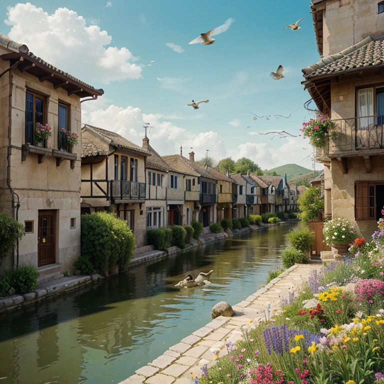 "Create an illustration of a village with a flowing river, scattered houses adorned with vibrant flowers, and a variety of birds gracefully flying in the sky. Ensure the visual frame is in the 16:9 aspect ratio."