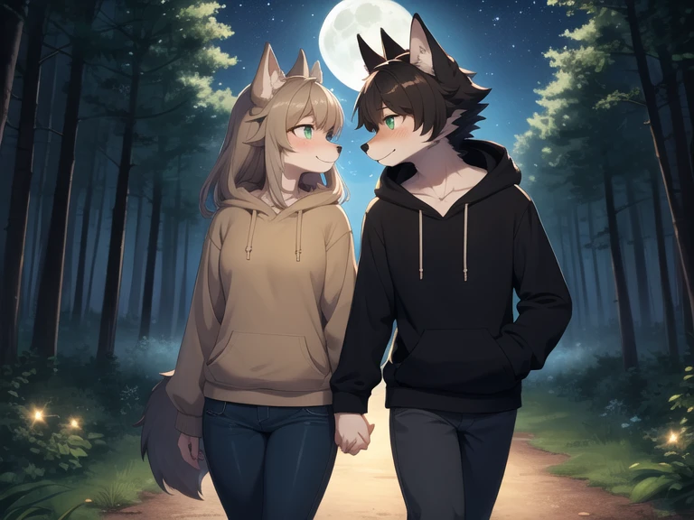Masterpiece, best quality, 1wolf boy anthro, 1 wolf girl anthro, brown body fur, walking, wear black hoodie, blue pants, green eyes, best eyes, detailed eyes, forest, night, Full Moon, stars on the sky, kissing, blushed face