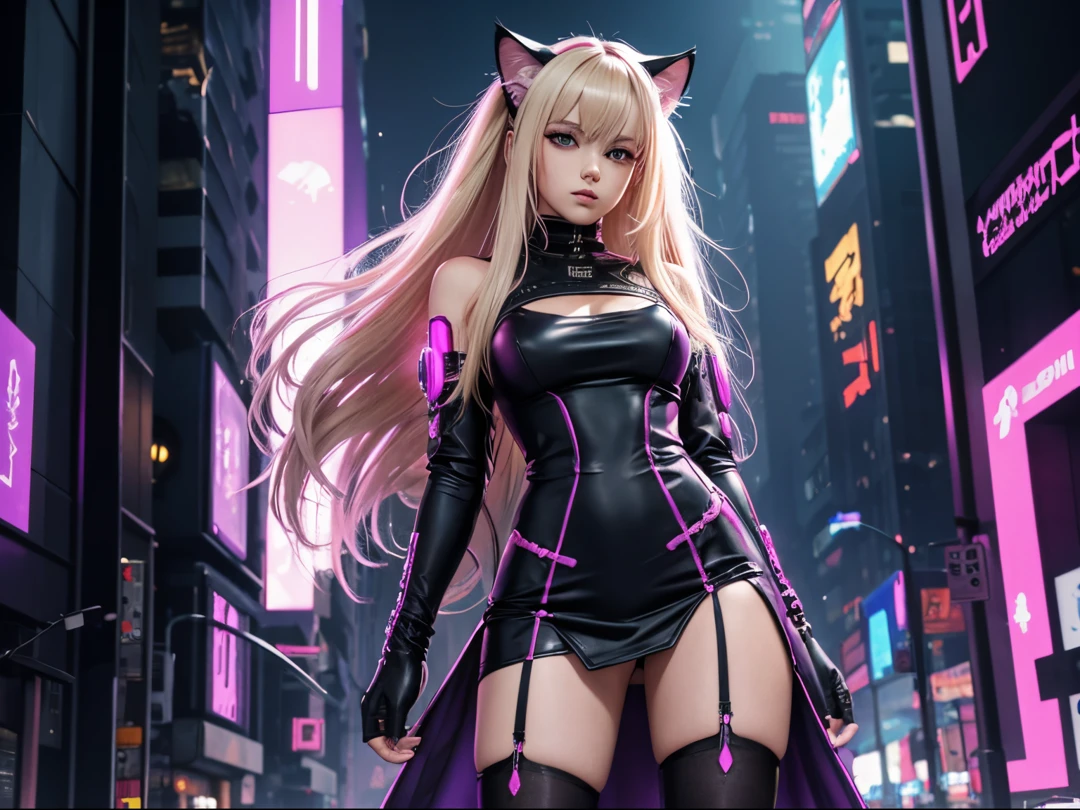 Cyberpunk, cat girl, white long hair, pink eyes, blond, purple, short black dress, stockings