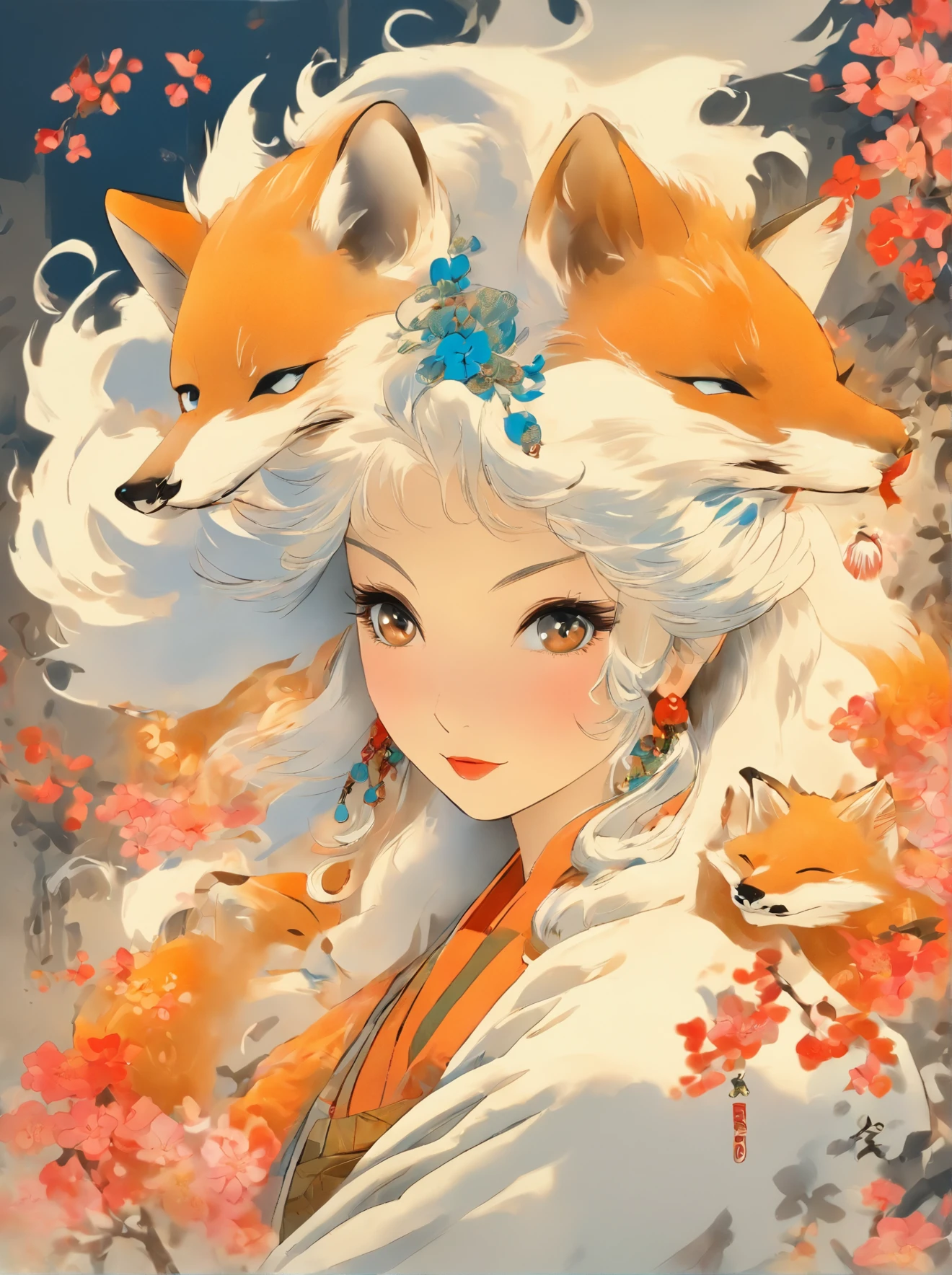 Traditional chinese painting,artistic conception,(((Oyushi cover)),white fox,closeup cleavage,8K分辨率,Super meticulous
