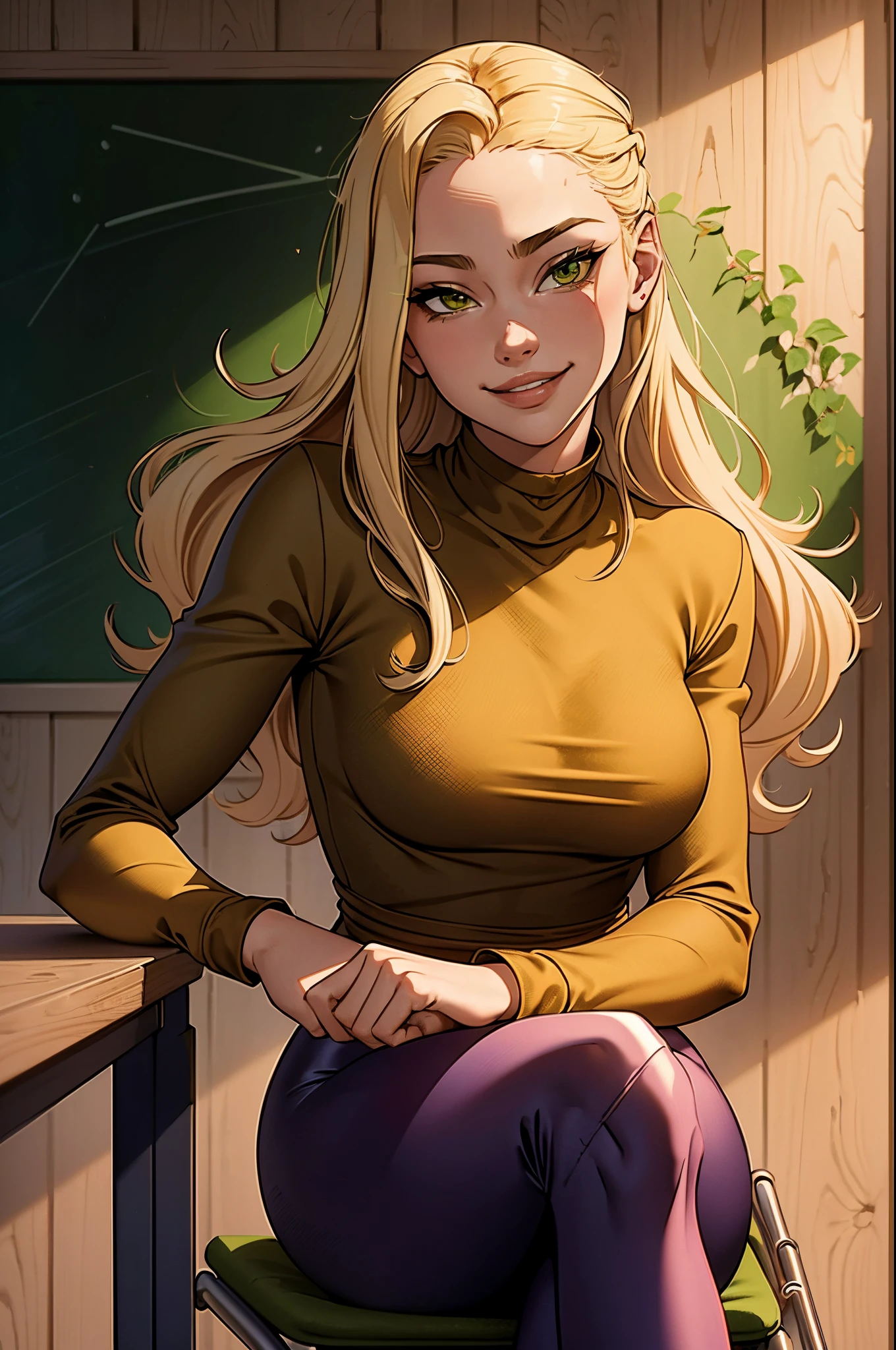 1girl, solo, , loose blond hair, wearing velvet red leggings and green sweather, sitting on a chair in classroom, crossing legs, smiling embarassed, side view, bare forehead, hooked nose, puffy cheeks, small breast, alluring, flirty, confident, scornful look, malicious smirk, detailed face, detailed yellow eyes, detailed irises, thick fleshy lips, medieval, high res, best quality, ultrasharp, 8K, cinematic, green wall behind