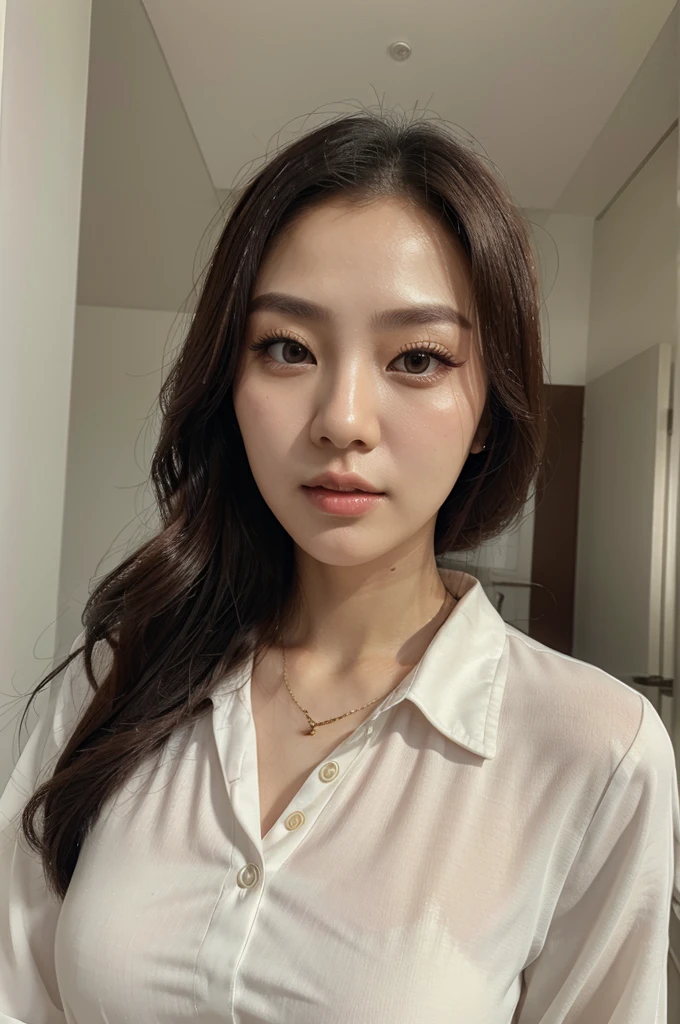 Close up portrait of korean woman, beautiful, professional, blouse, beautiful female, Professional pose, slim body, heavy eye makeup