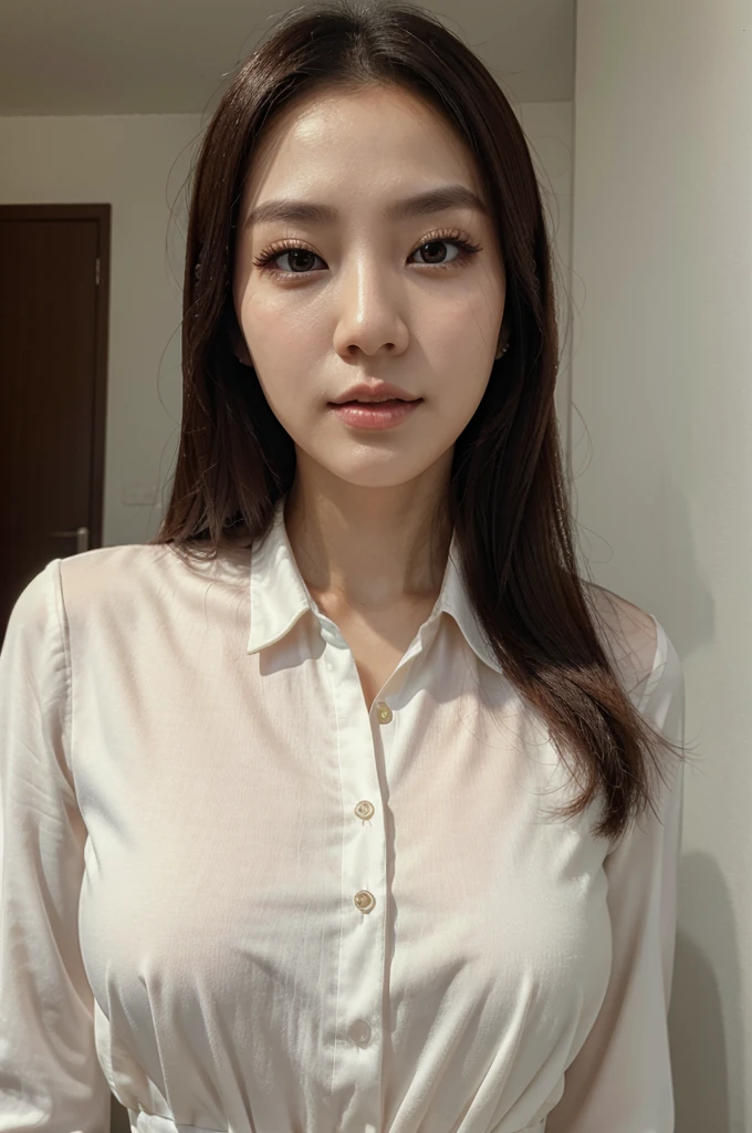 Close up portrait of korean woman, beautiful, professional, blouse, beautiful female, Professional pose, slim body, heavy eye makeup