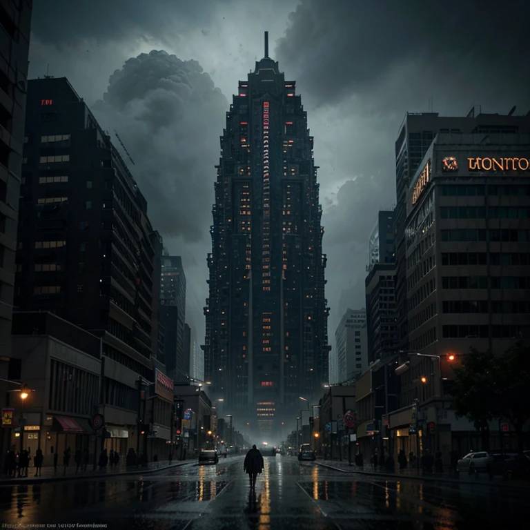 It can't rain all the time. A Photorealistic Hyper-Detailed Rendering Sinister and dark colored ,a huge giant highrise alien creature walking over the city City Ruined by , Dark Fantasy, Eerie yellow Ambience, Unreal Engine 5, horror, high resolution, detailed digital art, painting by Vladimir Manyuhin, Greg Rutkowski, and Anne Stokes, unreal Engine, 8k