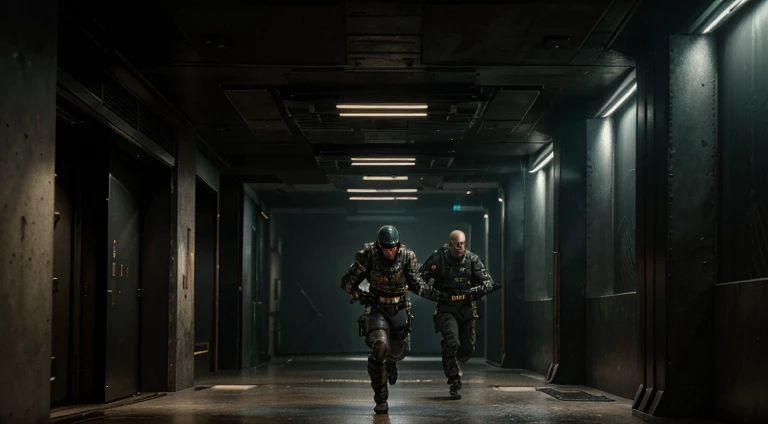 mercenaries running in a spaceship corridor with guns, masterpiece, intense action, dark lighting, metallic textures, atmospheric, cyberpunk, shadows, smoke, high-tech equipment, adrenaline-filled, intense motion, dystopian, chaotic, danger, combat, futuristic architecture, [space-themed background], (best quality, 4k, highres), ultra-detailed,