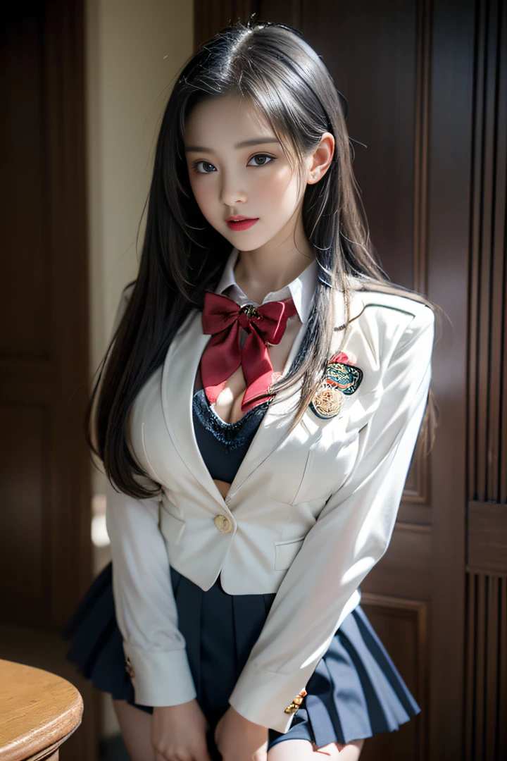 ( i'me standing in a cute room),Charming eyes,Heartwarming action,Turn your face away from the camera,stooped,Bend over,turn back,Look up at your head,thick and long black hair,Highly detailed body,Highly detailed face,best qualtiy、(P boobs boobs iNK underwear),(High School Girls),((White Blazer、emblem on breasts))、((Translucent blouse)),((red bowtie)),((navy check flare skirt)),(Black stockings)、