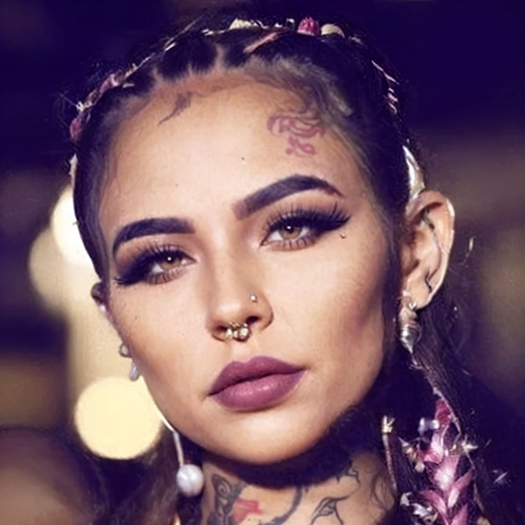gorgeous exotic woman, face piercings, tattoos, long hair