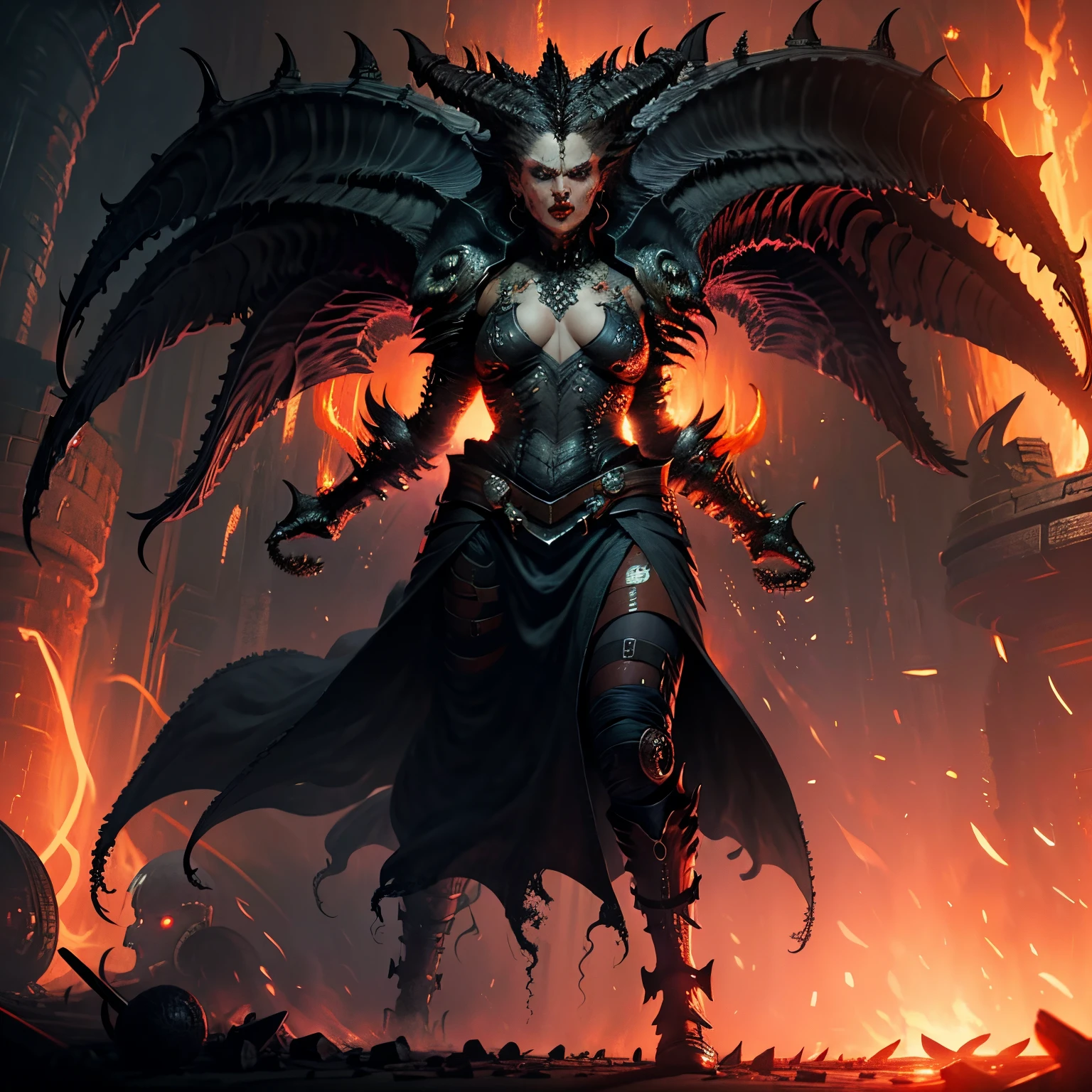Lilith  in the madhouse, firey, salama, bloods, the face & , A futuristic, Best quality at best, Dynamic full body details, Background with, angry look, Infected, enough, volcanoes, Lava sea, D14bl0 style