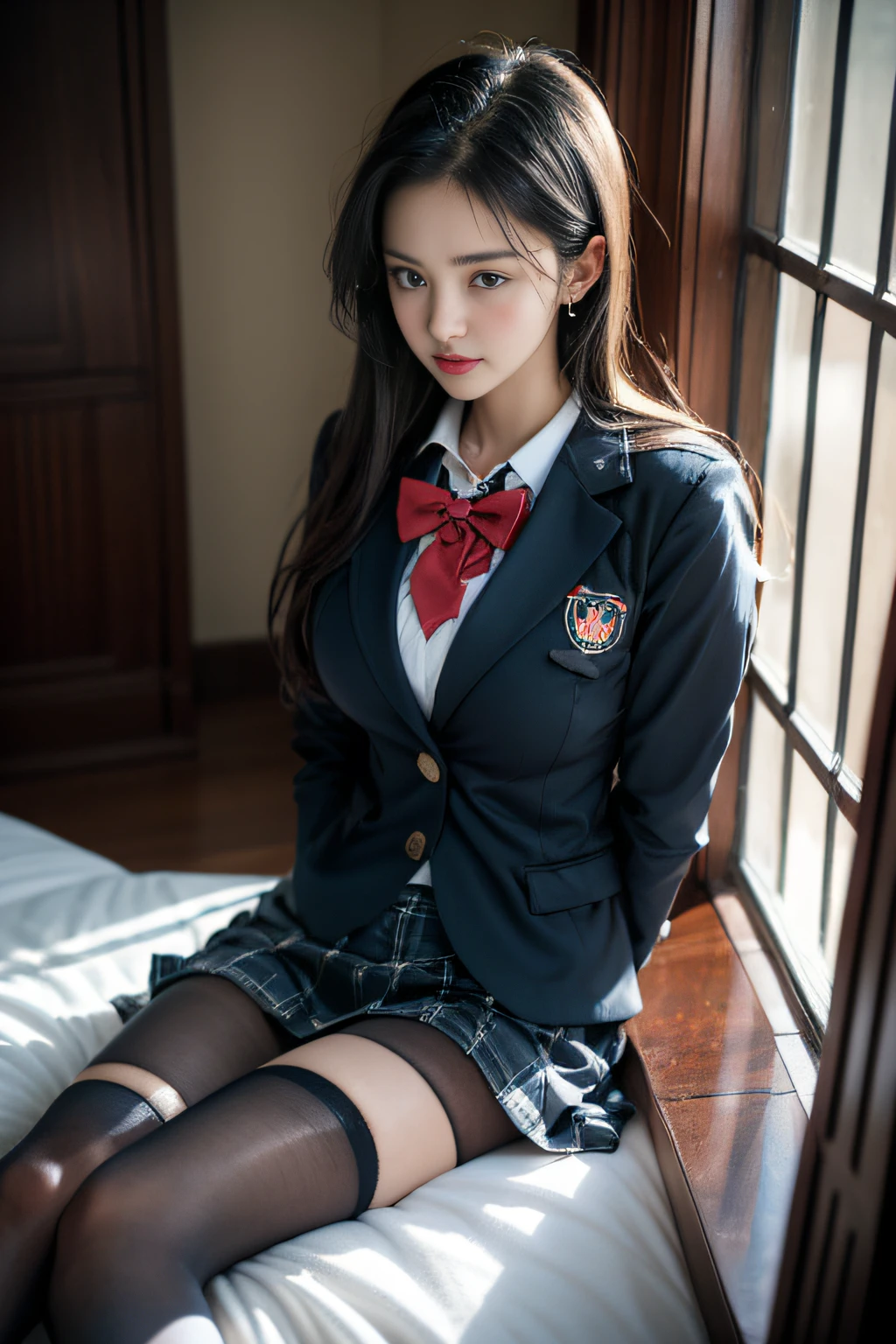 ( Girl sitting on bed in cute room)，Charming eyes，Heartwarming action，Turn your face away from the camera，stooped，Bend over，turn back，Look up at your head，thick and long black hair，Highly detailed body，Highly detailed face，best qualtiy、(P boobs iNK underwear),(High School Girls),((White Blazer、emblem on breasts))、((Translucent blouse)),((red bowtie)),((navy check flare skirt)),(Black stockings)、