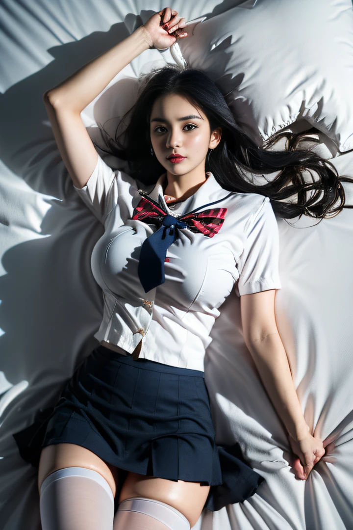 One woman, school uniform, eyes closed ((wide open mouth)), glossy, very big breasts, bed, lying down, passionate, glossy, spread legs, libido, blushing cheeks, open shirt, thin lace underwear, hands behind head, medium black hair