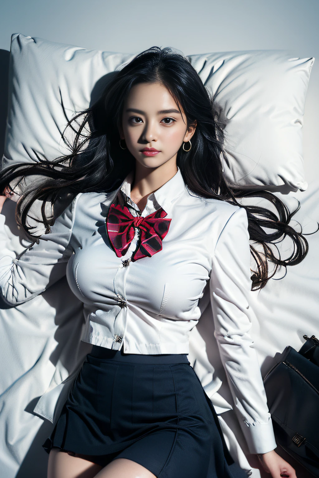 ( Girl lying in bed)，Charming eyes，Heartwarming action，Turn your face away from the camera，stooped，Bend over，turn back，Look up at your head，thick and long black hair，Highly detailed body，Highly detailed face，best qualtiy、(P boobs iNK underwear),(High School Girls),((White Blazer、emblem on breasts))、((Translucent blouse)),((red bowtie)),((navy check flare skirt)),(Black stockings)、