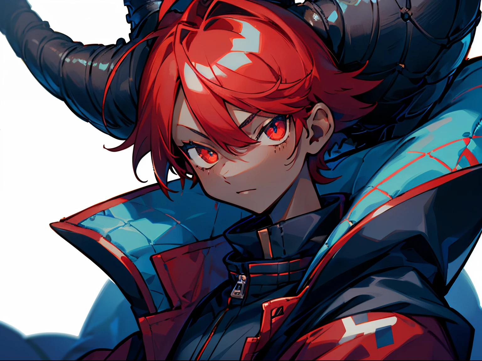 1 boy, upper body, cute, (red hair, black skin, big red eyes, blue jacket), (white background, detailed eyes, best quality, high detail,2D)
