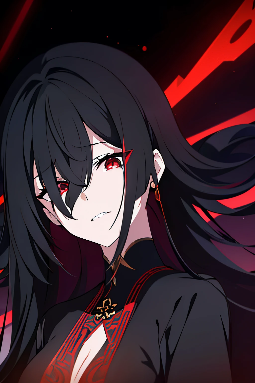 scene:0.9, (masterpiece), best quality, (((ultra detailed, 8k quality))), looking at viewer, (long black hair, side bang, expressive red eyes:0.7, glowing red eyes), (depth perception:0.7, black background, blurry background), ((torso)), ((centered)), feminine, sad, crying, distraught face, surrounded by darkness, (distanced), ((in the distance surrounded by darkness)), (head tilted up), looking at viewer , (perfect hand), (hair pins), wearing black Chinese dress with golden dragon patterns on it